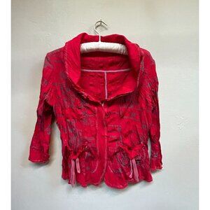 Lanvie Women's Size 4 Crinkle Zip-Front Artsy Jacket Red Printed Lightweight